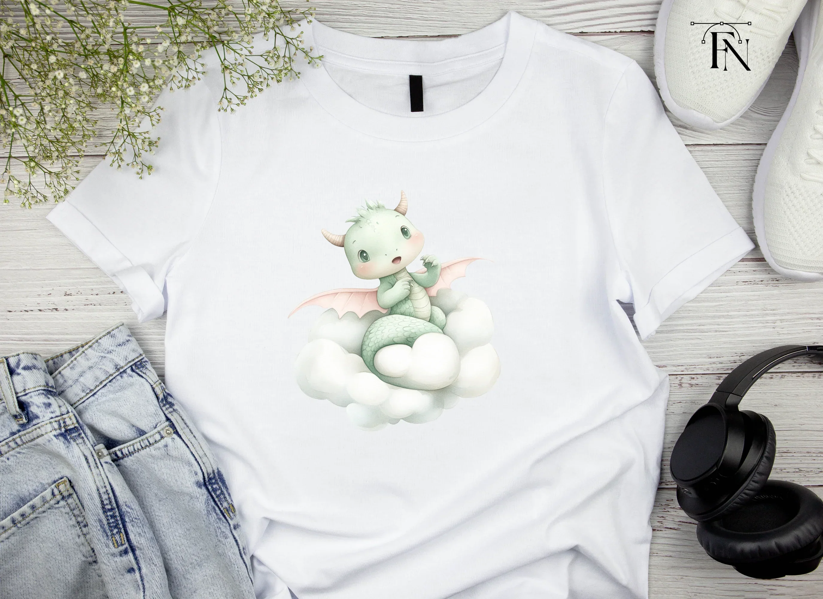 Cute Baby Dragon on Clouds Clipart Bundle - Image 3