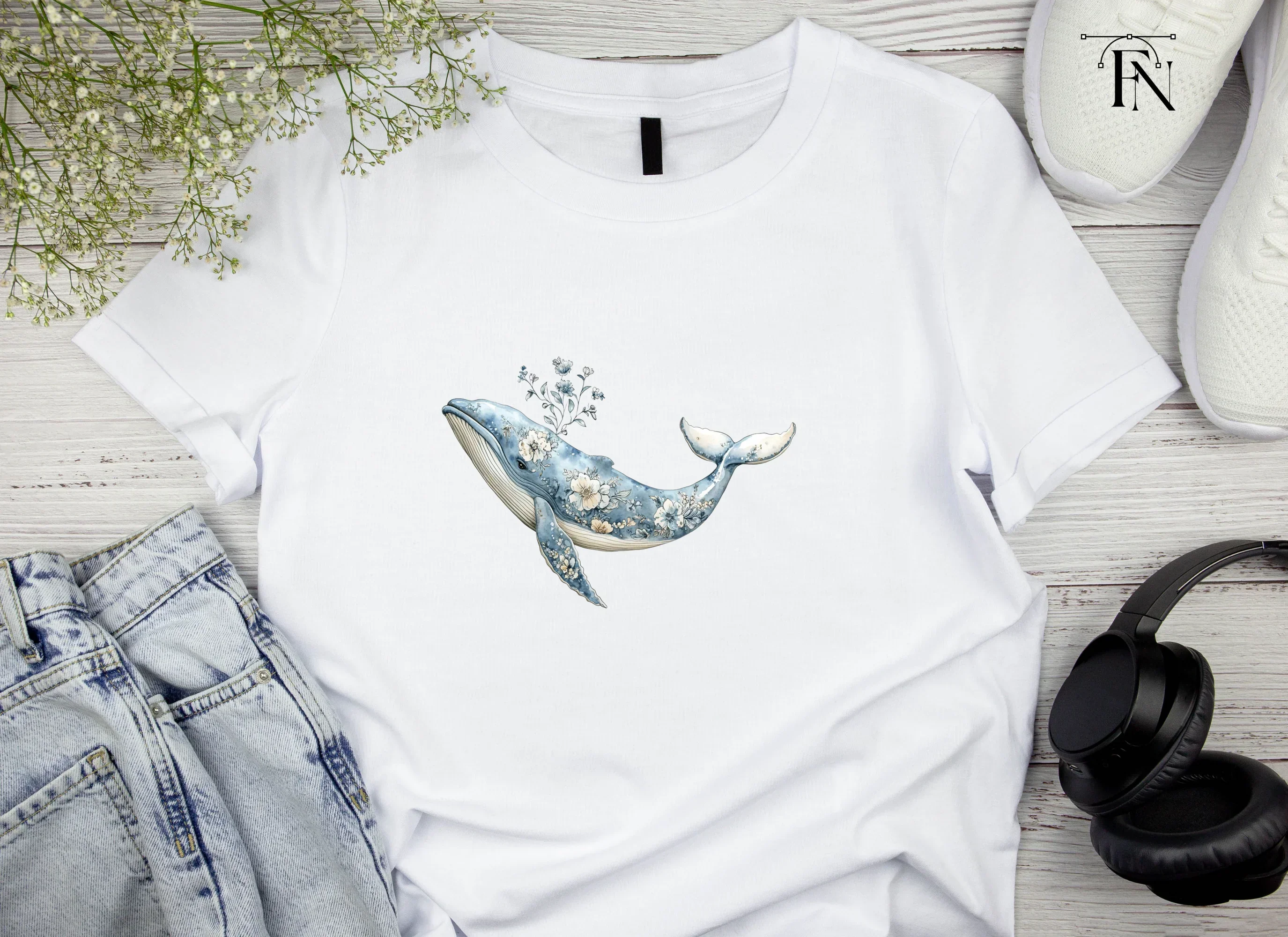 Elegant Blue Floral Whale Clipart Bundle - Image 3