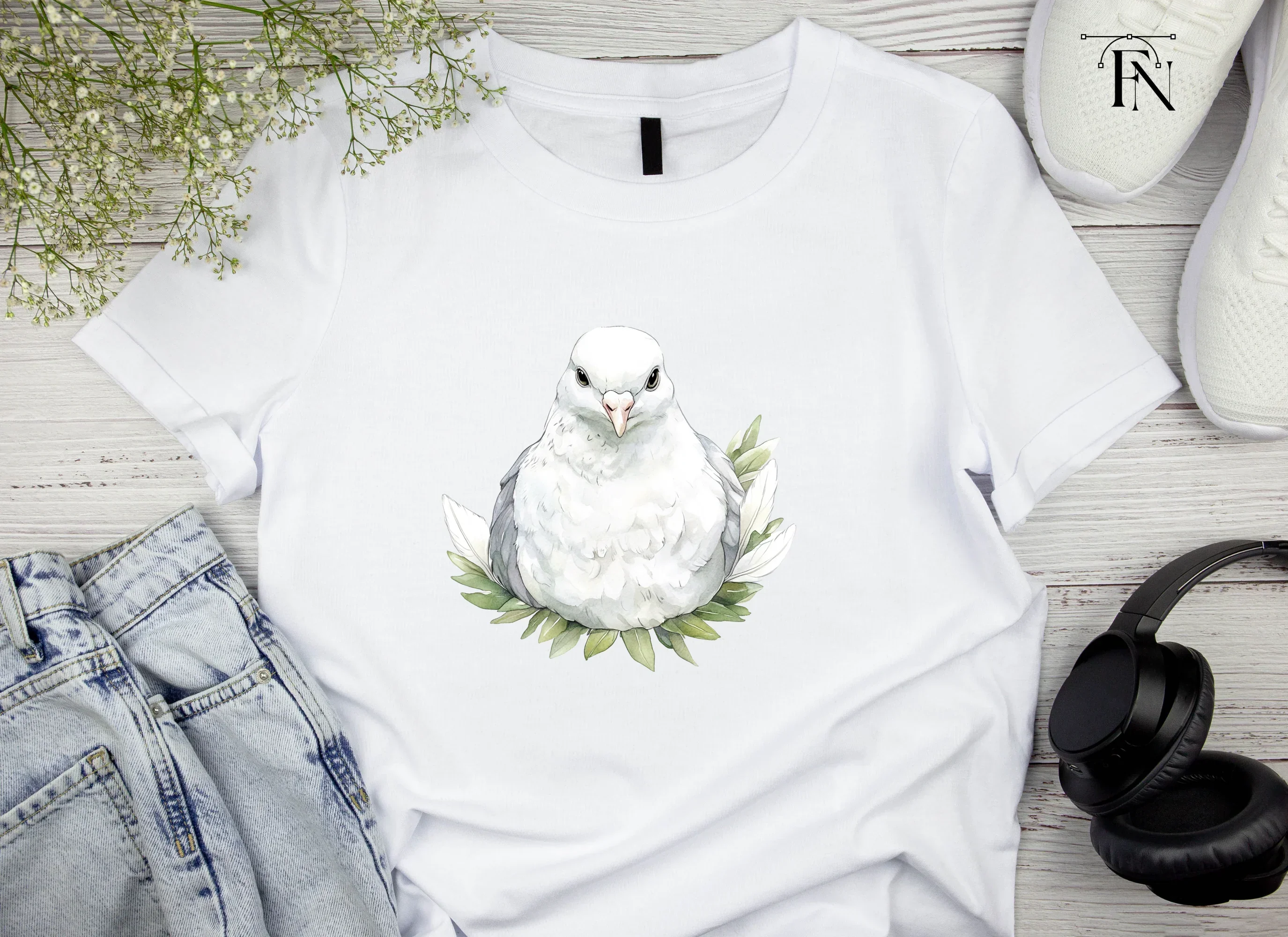 White Dove with Green Leaves Clipart Bundle - Image 3